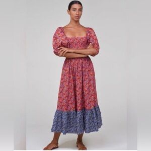 House Of Harlow 1960 Puff Sleeves Floral Cottagecore Milkmaid Tiered Midi Dress